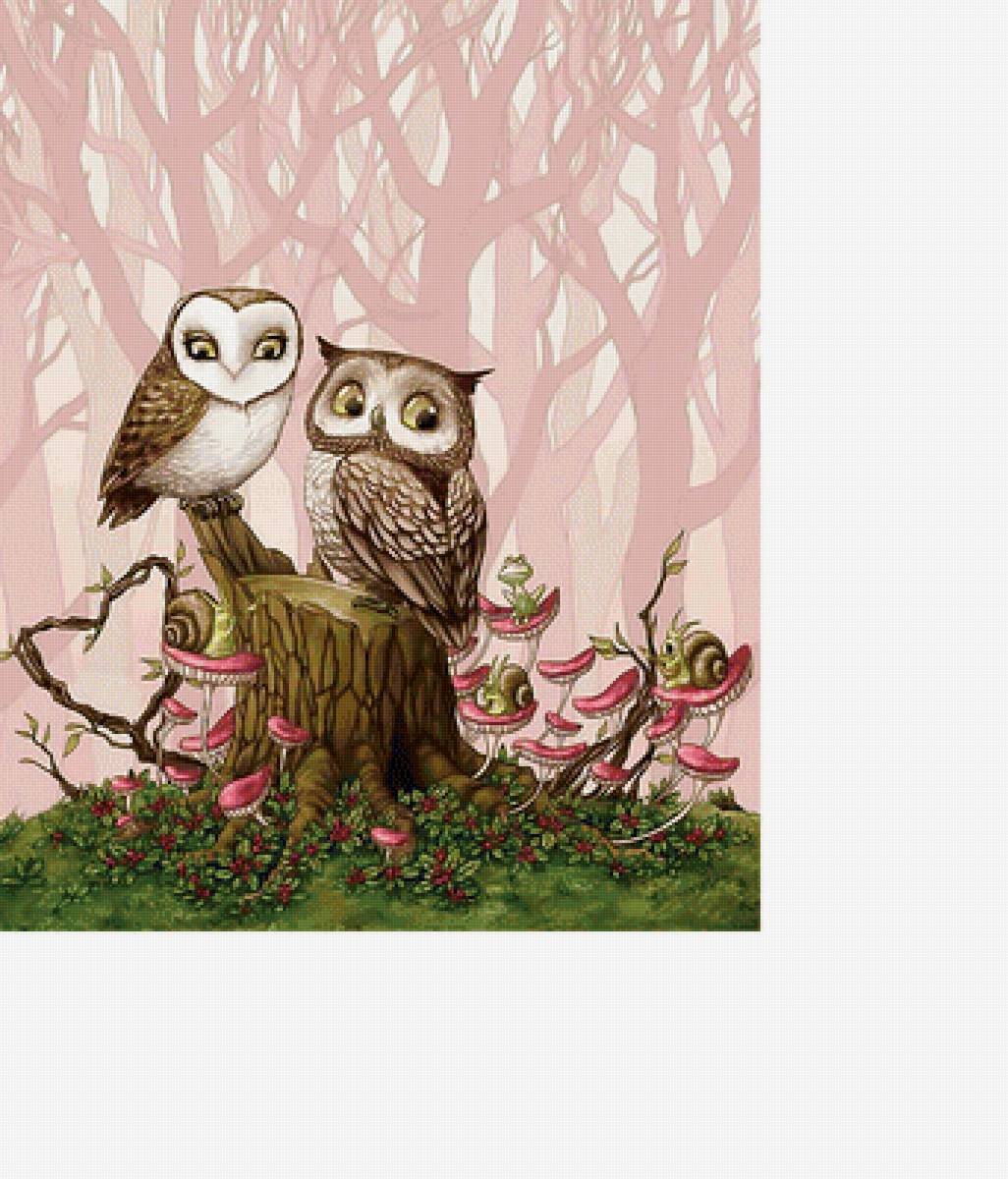 Совушки в сказочном лесу. - лес, улитки, совы, грибы, детская - предпросмотр