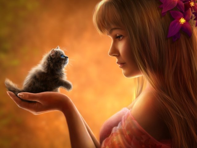 Девушка с цветами в волосах и с маленьким котенком в руках - котенок, девушка - оригинал