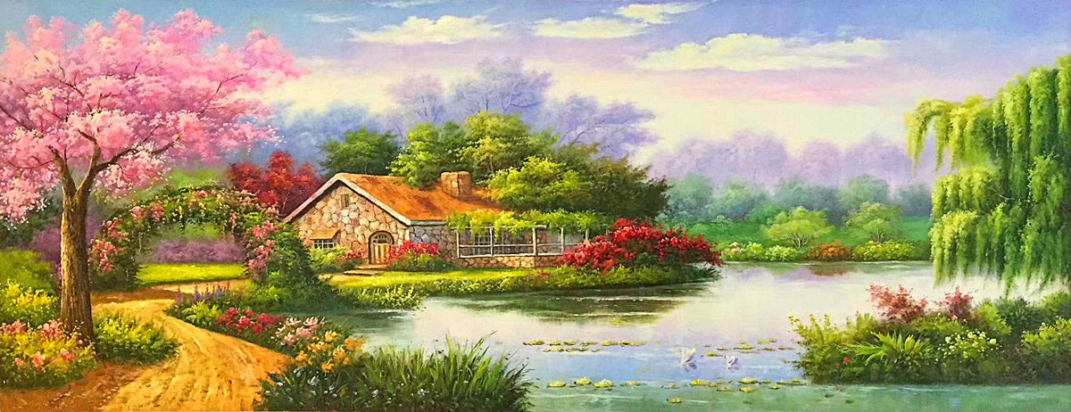 Пейзаж - домик, озеро, деревья - оригинал