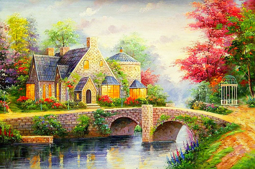Пейзаж - мост, домик, река, цветы - оригинал