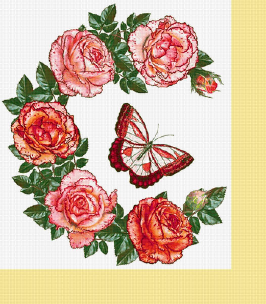 Серия "Веночки". Розы - цветы, розы, бабочка, венок - предпросмотр