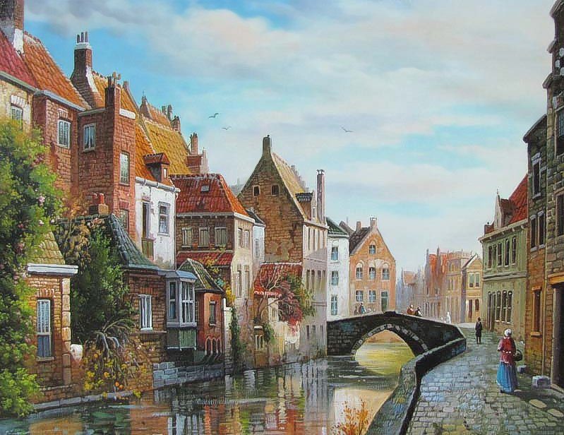 Голландский пейзаж - улочка, голландия, дома, картина, старый город, река - оригинал