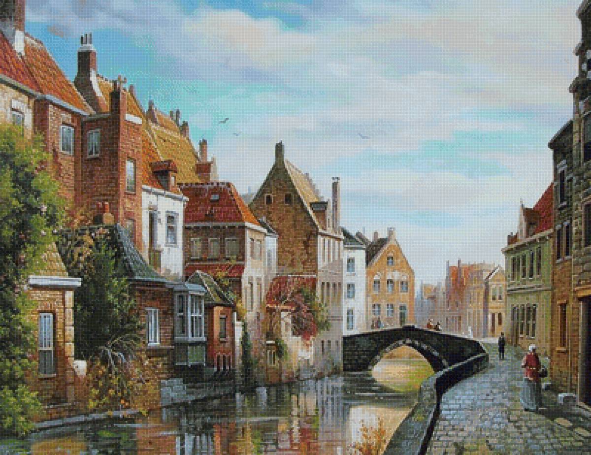 Голландский пейзаж - голландия, река, картина, дома, улочка, старый город - предпросмотр