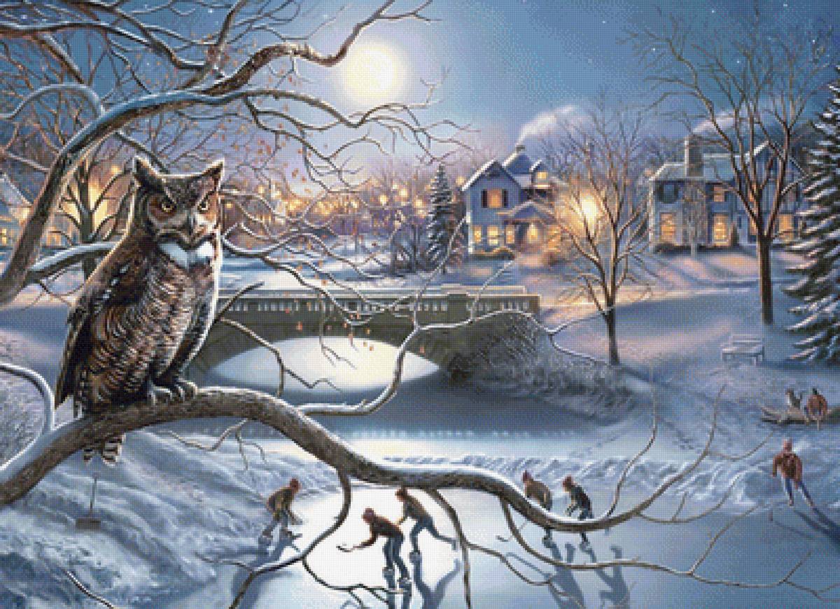 Зимний пейзаж с совой. - вечер, пейзаж, луна, сова, хоккей, дети, зима, снег - предпросмотр