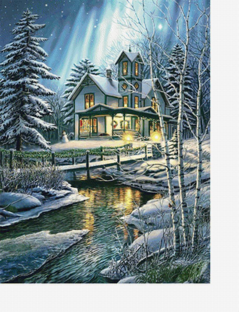 Зимний домик. - снег, река, зима, пейзаж, новый год, рождество, домик - предпросмотр