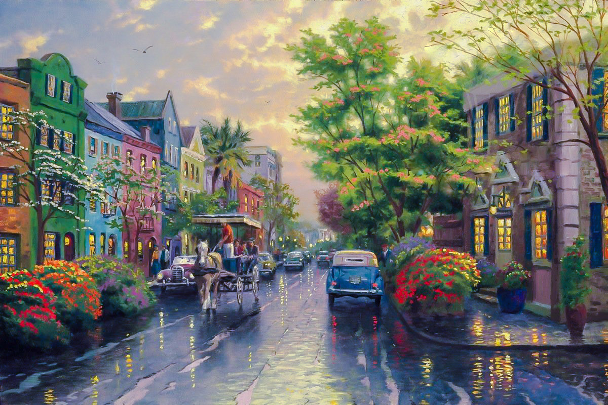 Charleston,Sunset on Rainbow Row. - thomas kinkade paintings.scenary.people.animals. - оригинал