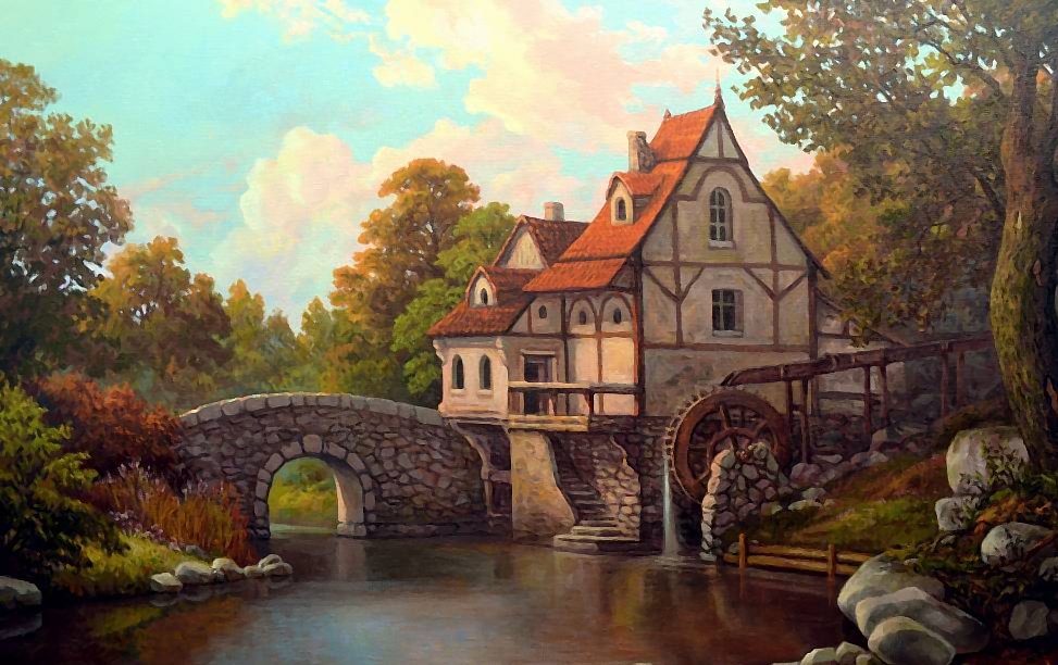 Старая мельница - мостик, река, мельница - оригинал