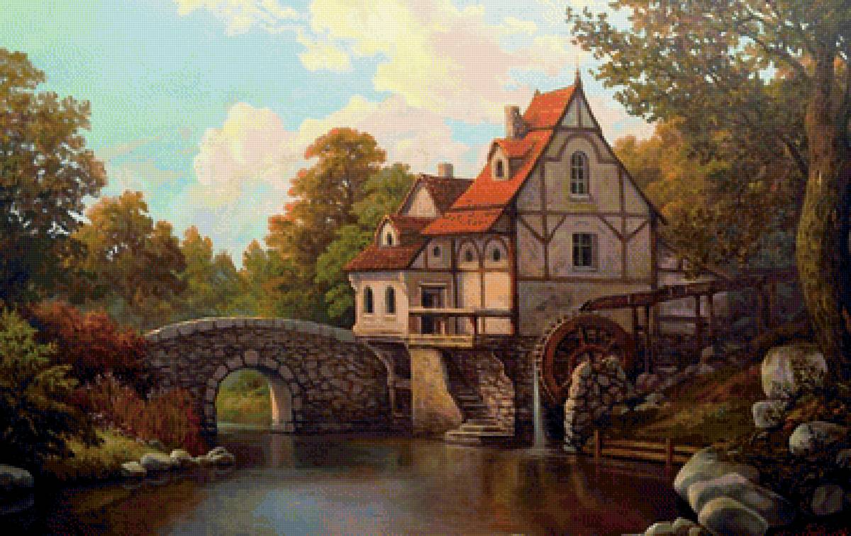 Старая мельница - мостик, мельница, река - предпросмотр