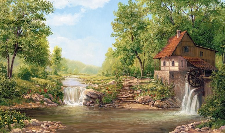 Мельница - пейзаж, река, лес, мельница - оригинал