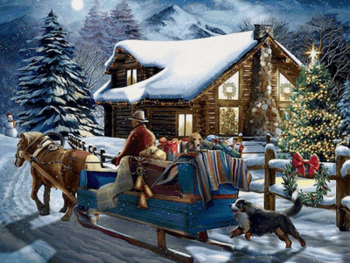 Рождественский вечер - праздник, зима, лошадь, домик, сани, елка, рождество - предпросмотр