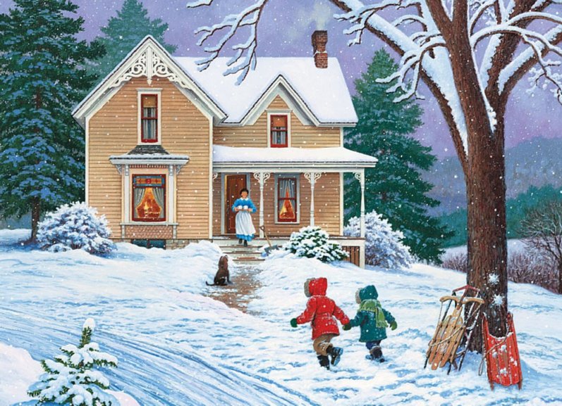 зимний вечер - дом, деревья, зима, домик, дети - оригинал
