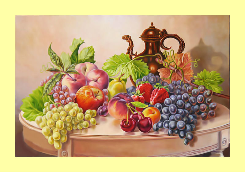 Натюрморт. - персики, натюрморт, яблоки, живопись, виноград, ягоды, фрукты - оригинал