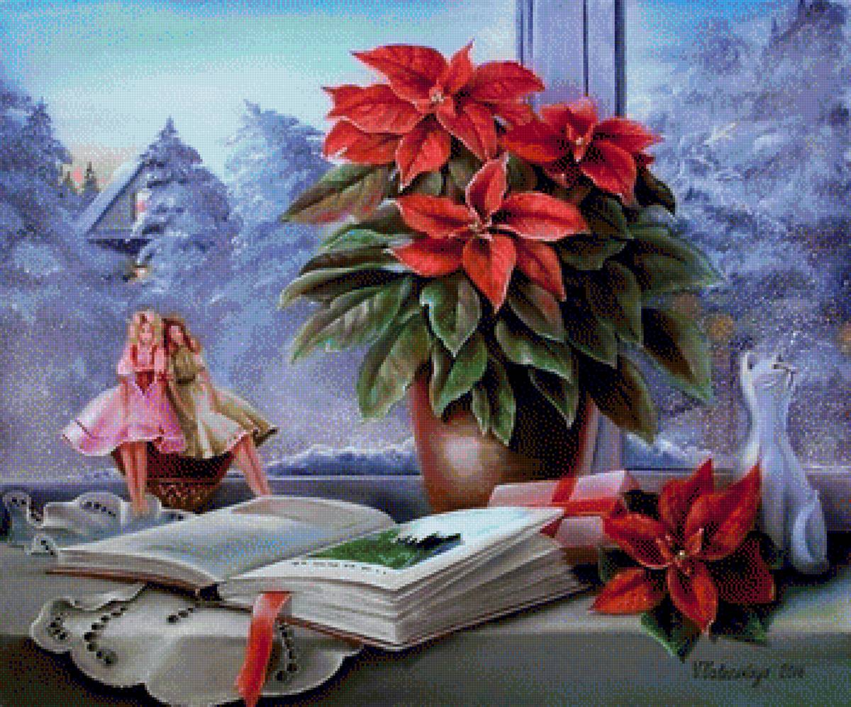 №1982741 - снег, зима, вид с окна, цветы, ваза, книга - предпросмотр