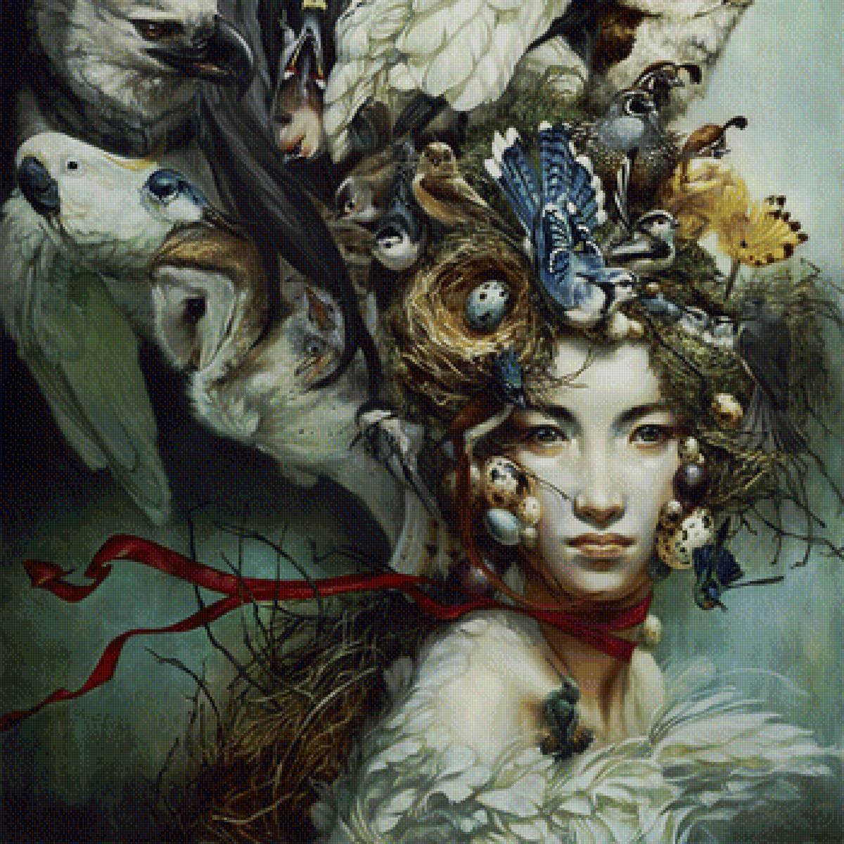 Японка с птицами на голове - предпросмотр