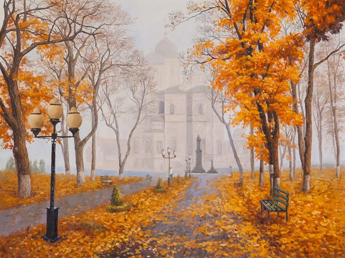 осенний парк - туман, храм, картина, парк, осень - оригинал