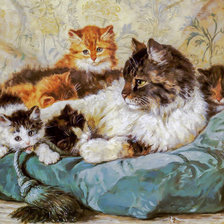 Оригинал схемы вышивки «A Cat with Her Kittens.» (№1983075)