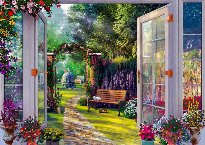 A View of an Enchanted Garden. - dominic davison painter.scenarys.flowers and gardens.animals. - оригинал