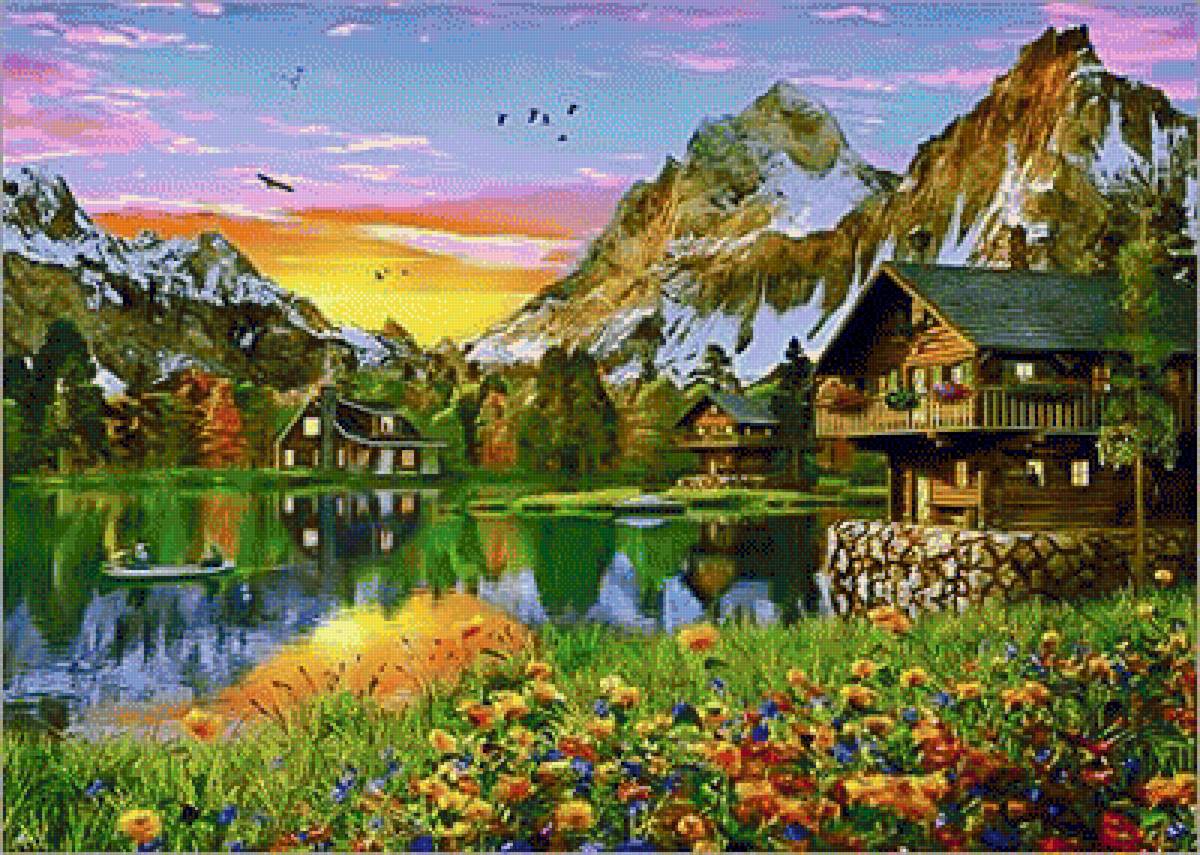 Alpine Lake. - dominic davison painter.landscape.birds. - предпросмотр