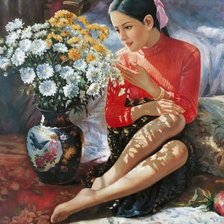 Схема вышивки «Девушка с вазой хризантем, Zhao Kailin»