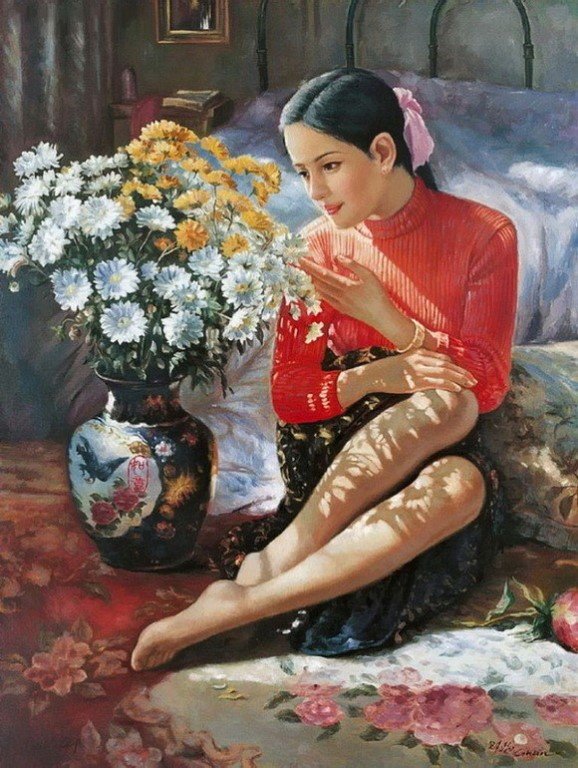 Девушка с вазой хризантем, Zhao Kailin - японская живопись, девушка с вазой хризантем - оригинал
