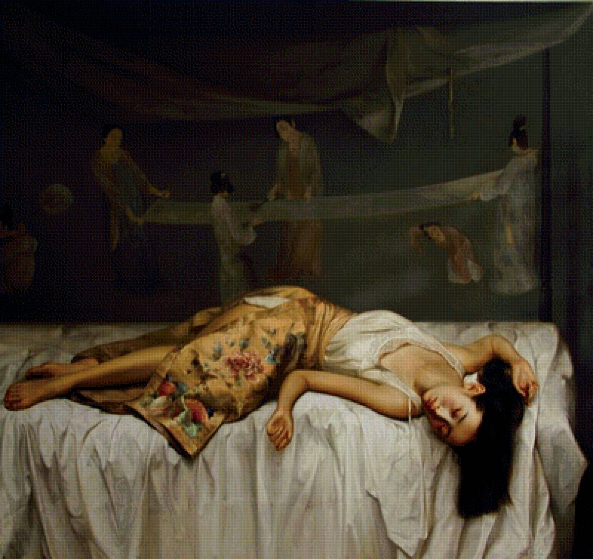 Zhao Kailin, спящая японка на ыоне картины - спящая японка - предпросмотр