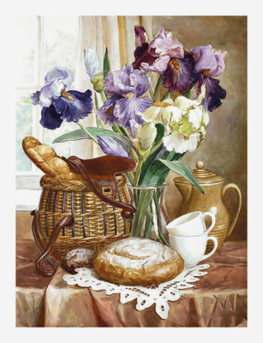 Натюрморт с хлебом. - хлеб, ирисы, багет, натюрморт, цветы, живопись, букет - предпросмотр