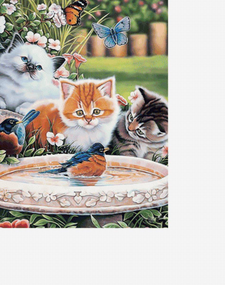 Котята и птички. - птицы, котята, лето, бабочки, цветы - предпросмотр