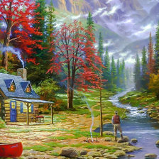 Схема вышивки «Fishing in the Mountains with a Cabin ans a Canoe.»