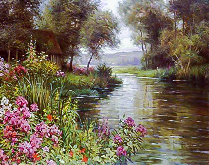 Flowers By the Edge of the River. - louis aston knight paintings.scenarys.flowers and gardens. - оригинал
