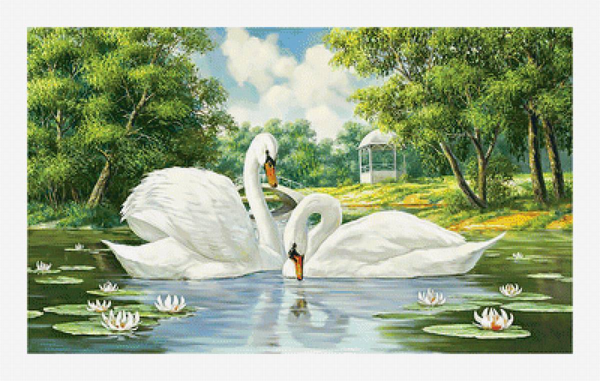 Лебеди. - беседка, пейзаж, пруд, лебеди - предпросмотр