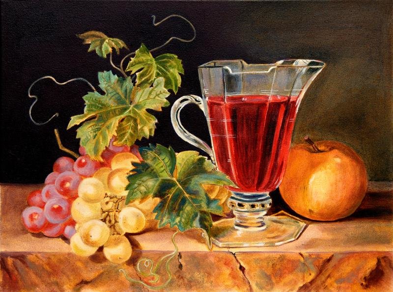 №1984624 - фрукты, натюрморт, виноград, бокал вина - оригинал