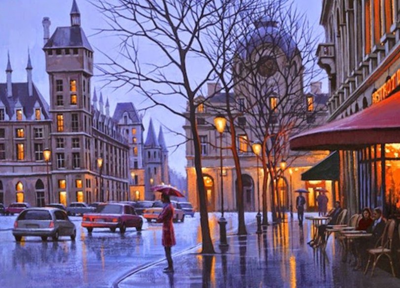 дождливый вечер - машины, вечер, дождь, улица, старый город - оригинал