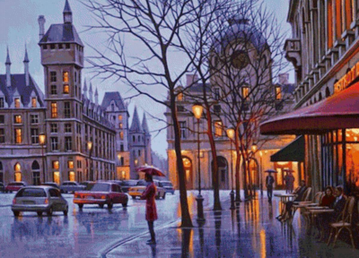 дождливый вечер - машины, улица, вечер, дождь, старый город - предпросмотр