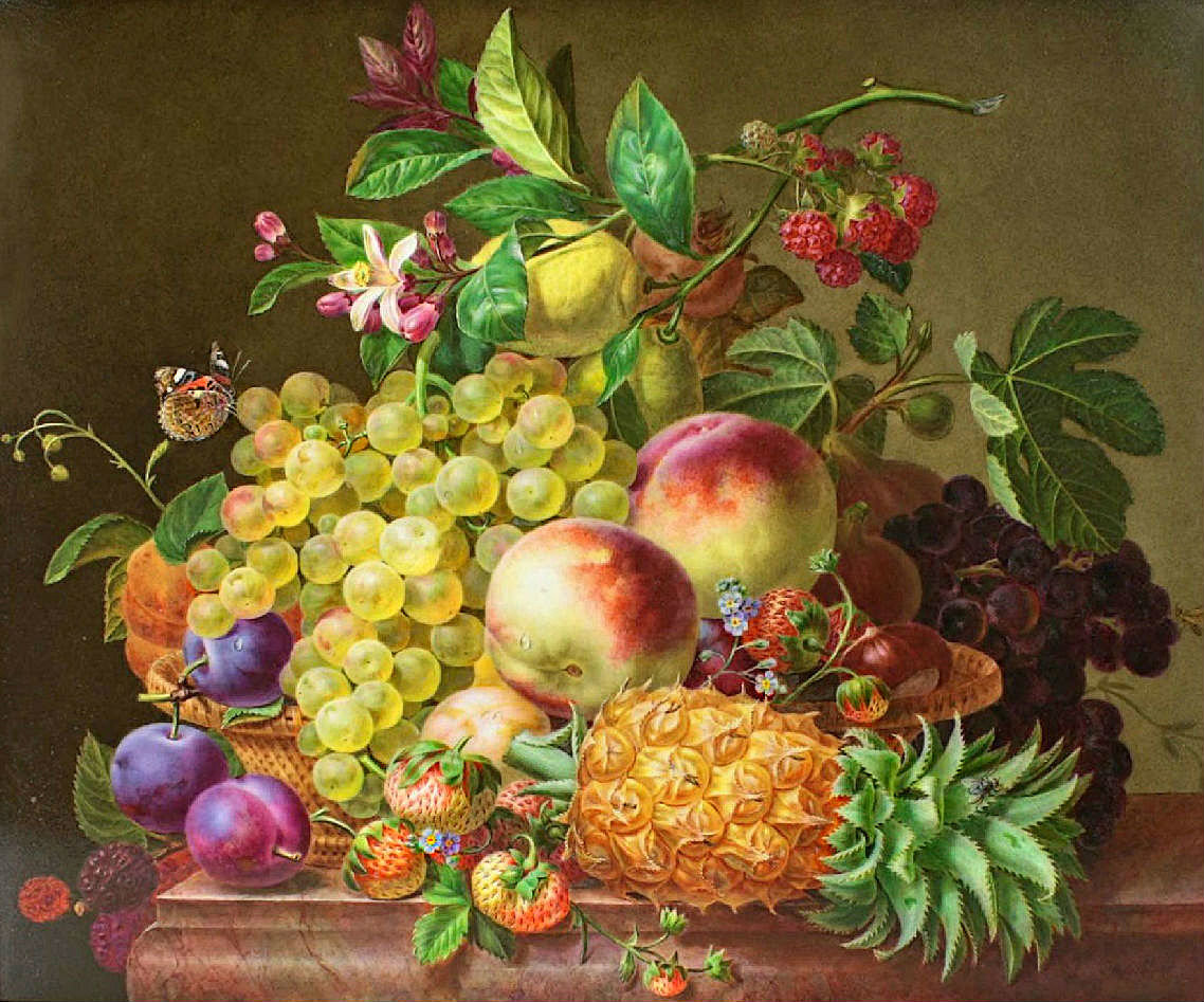 Натюрморт - сливы, цветы, виноград, фрукты - оригинал