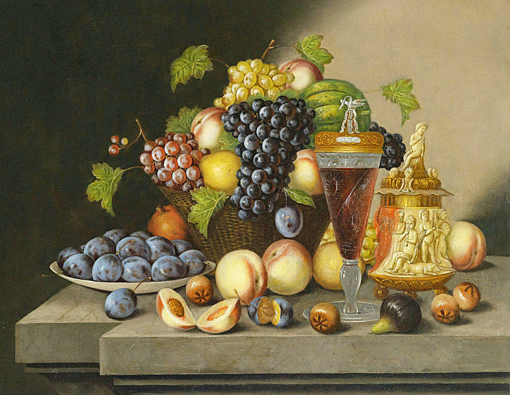 Натюрморт - бокал, виноград, сливы, персики - оригинал