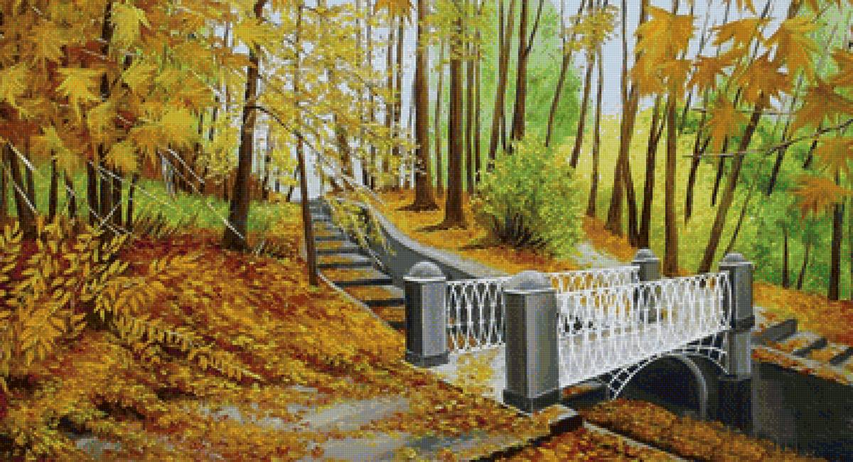 осенний парк - осень, мостик, парк, пейзаж, картина - предпросмотр