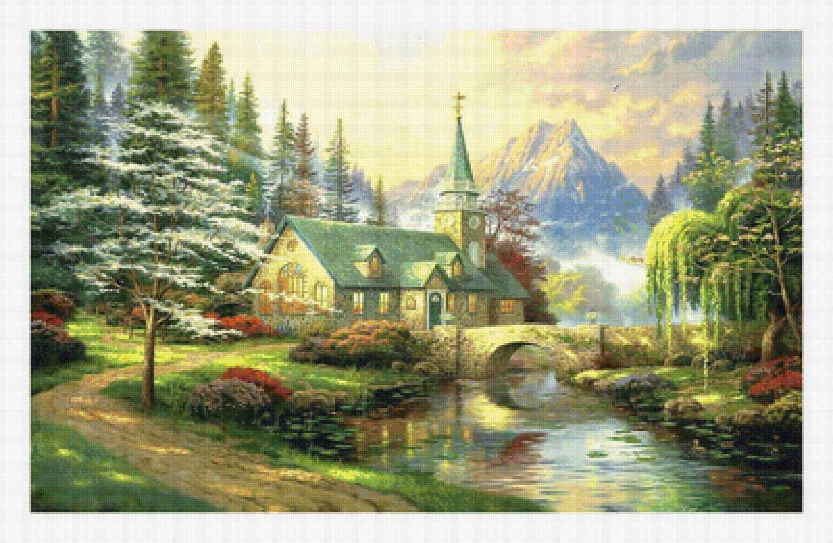 Пейзаж. - дом, горы, река, пейзаж - предпросмотр