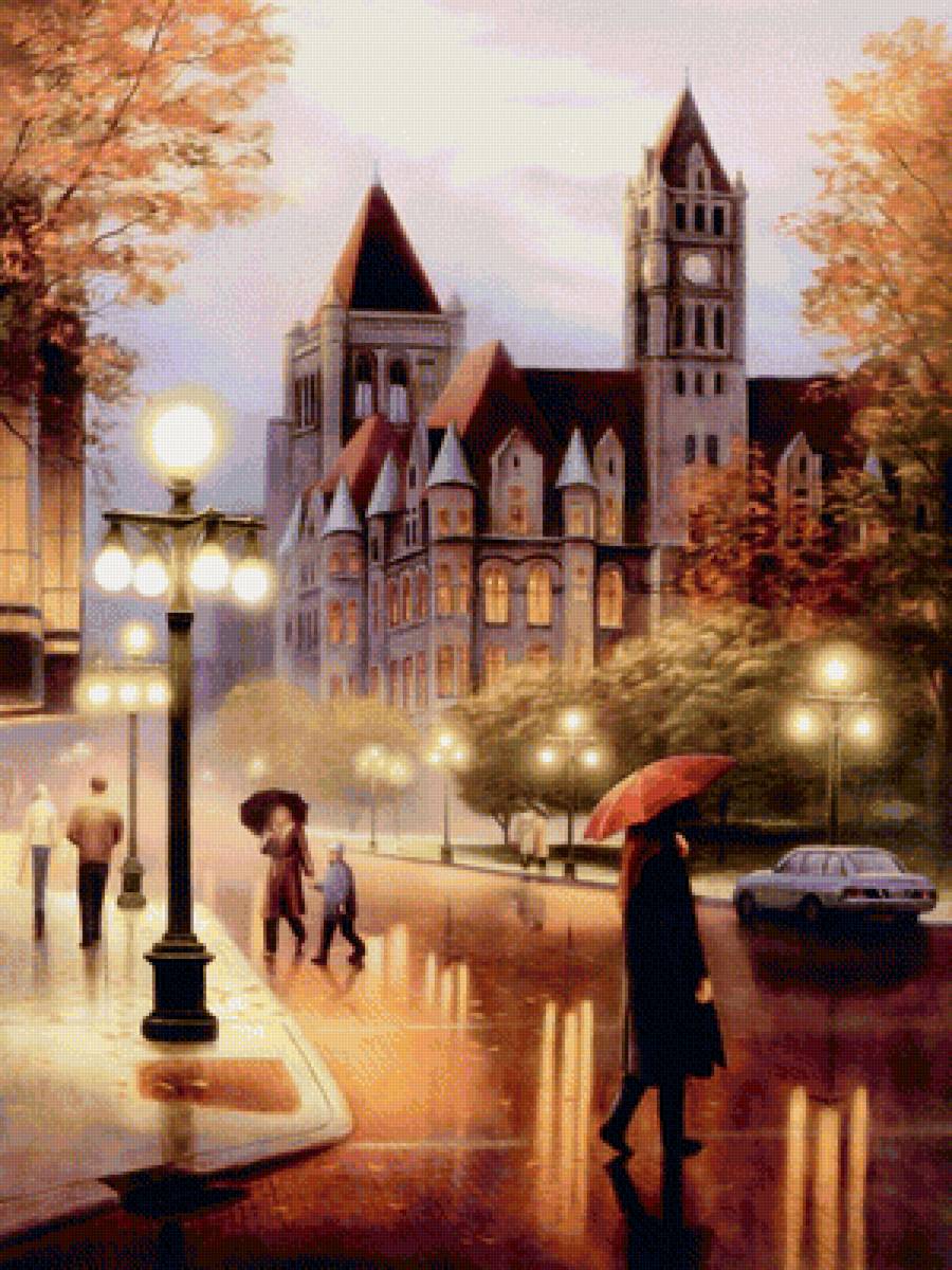 дождливый Лондон - дождь, лондон, вечер, город, люди, машина, фонари, осень, улица - предпросмотр