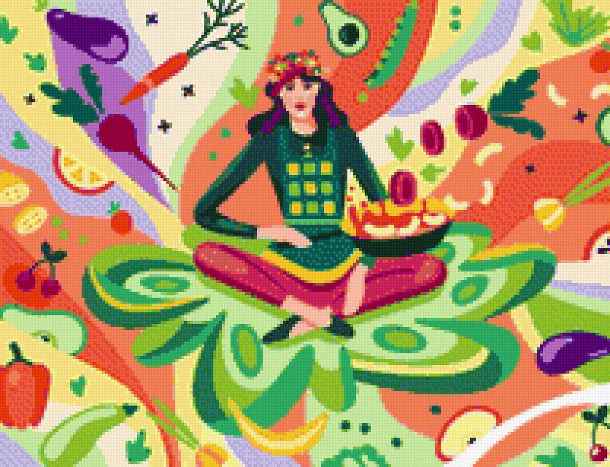 Фея кухни - девушка, овощи, посуда, кухня, еда, фрукты - предпросмотр