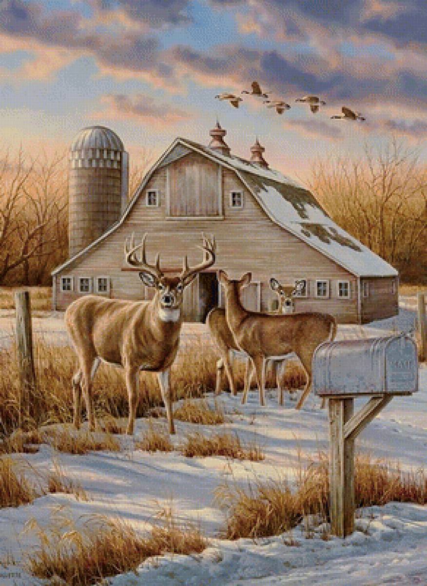 олени - олени, животные, зима, дом - предпросмотр