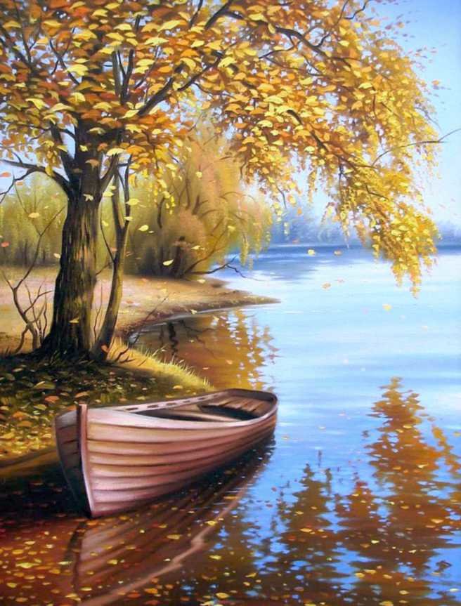 Родной край - пейзаж, природа, осень, лес, лодка, река - оригинал