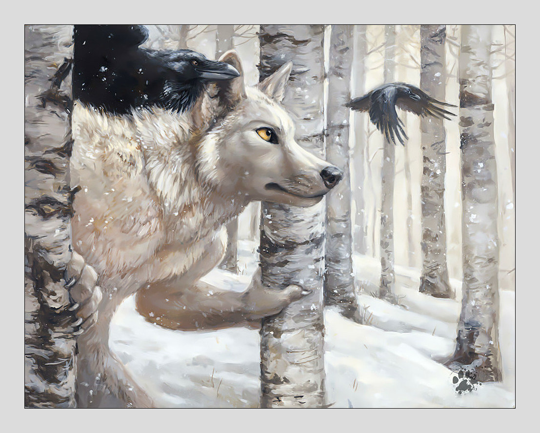 Фентези. Волк и вороны. - хищник, снег, лес, волк, зима, фентези, вороны - оригинал
