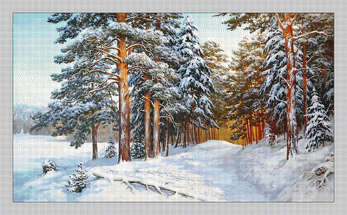 Зимний лес. - природа, сосны, живопись, пейзаж, лес, зима, снег - предпросмотр