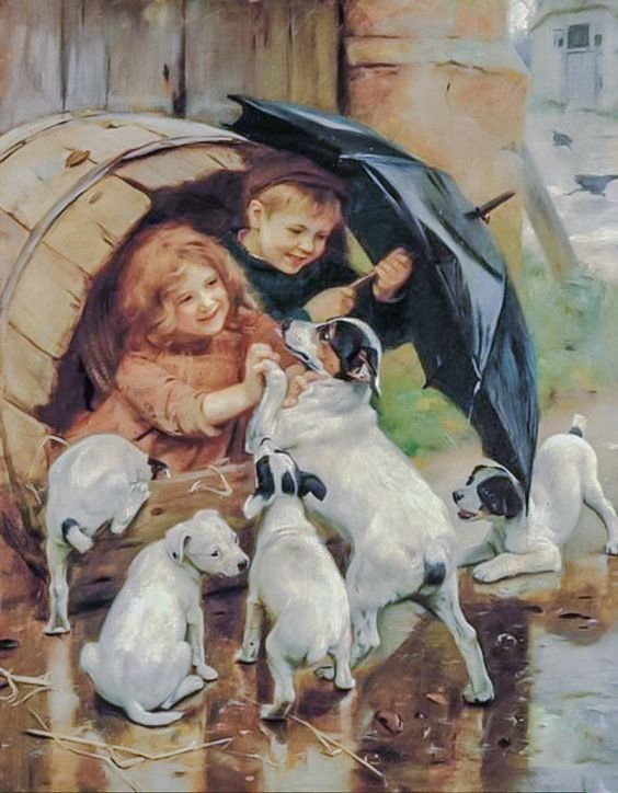 Rainy Day. - arthur john elsley paintings.children.animals. - оригинал