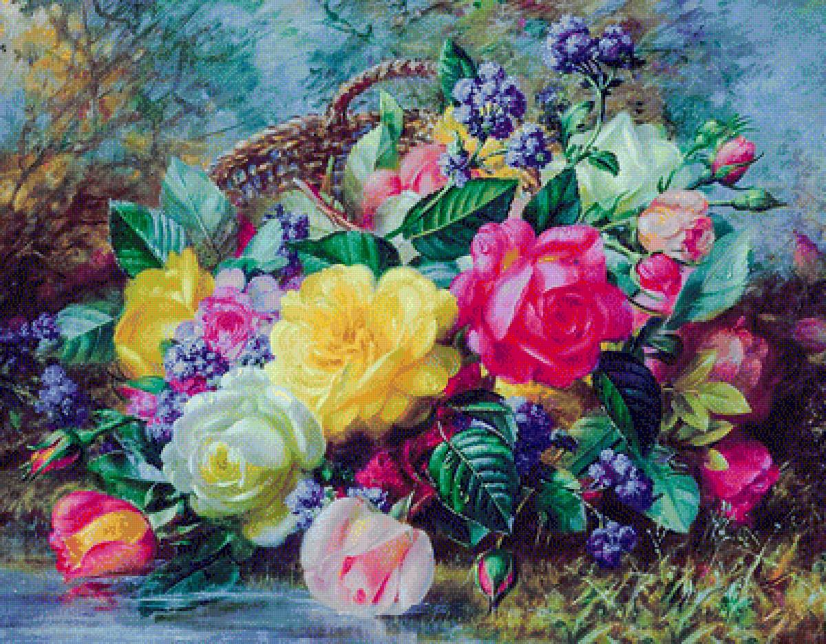 Roses By A Pond On A Grassy Bank. - albert williams painter.flowers and gardens. - предпросмотр