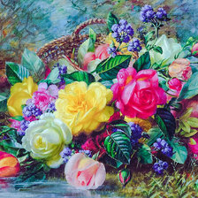 Roses By A Pond On A Grassy Bank.