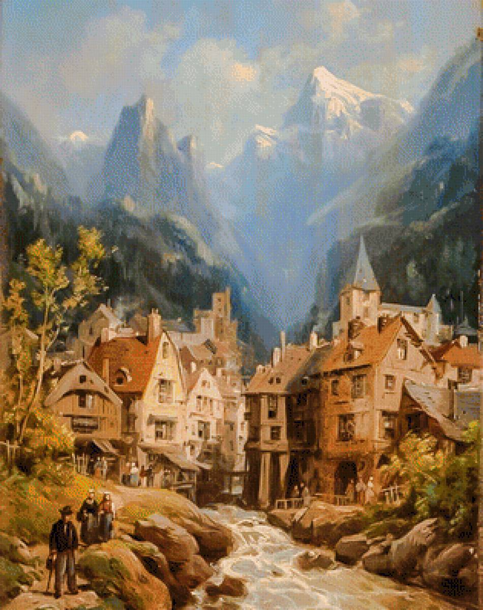 Scenes in an Alpine Village. - charles euphraisie kuwasseg paintings.landscape.people. - предпросмотр