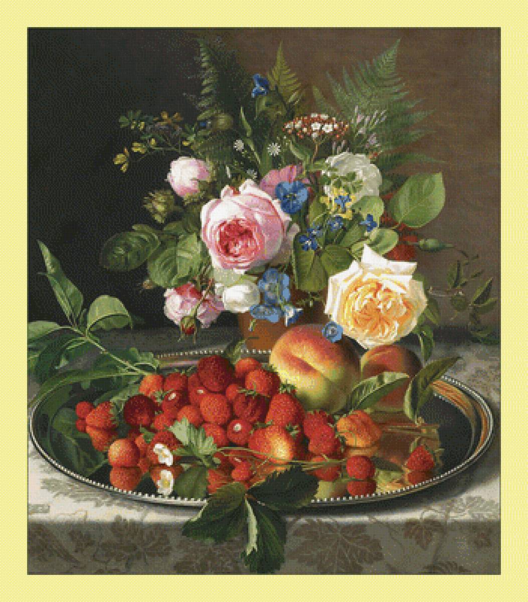 Натюрморт с клубничкой. - цветы, клубника, букет, живопись, натюрморт, ягоды - предпросмотр