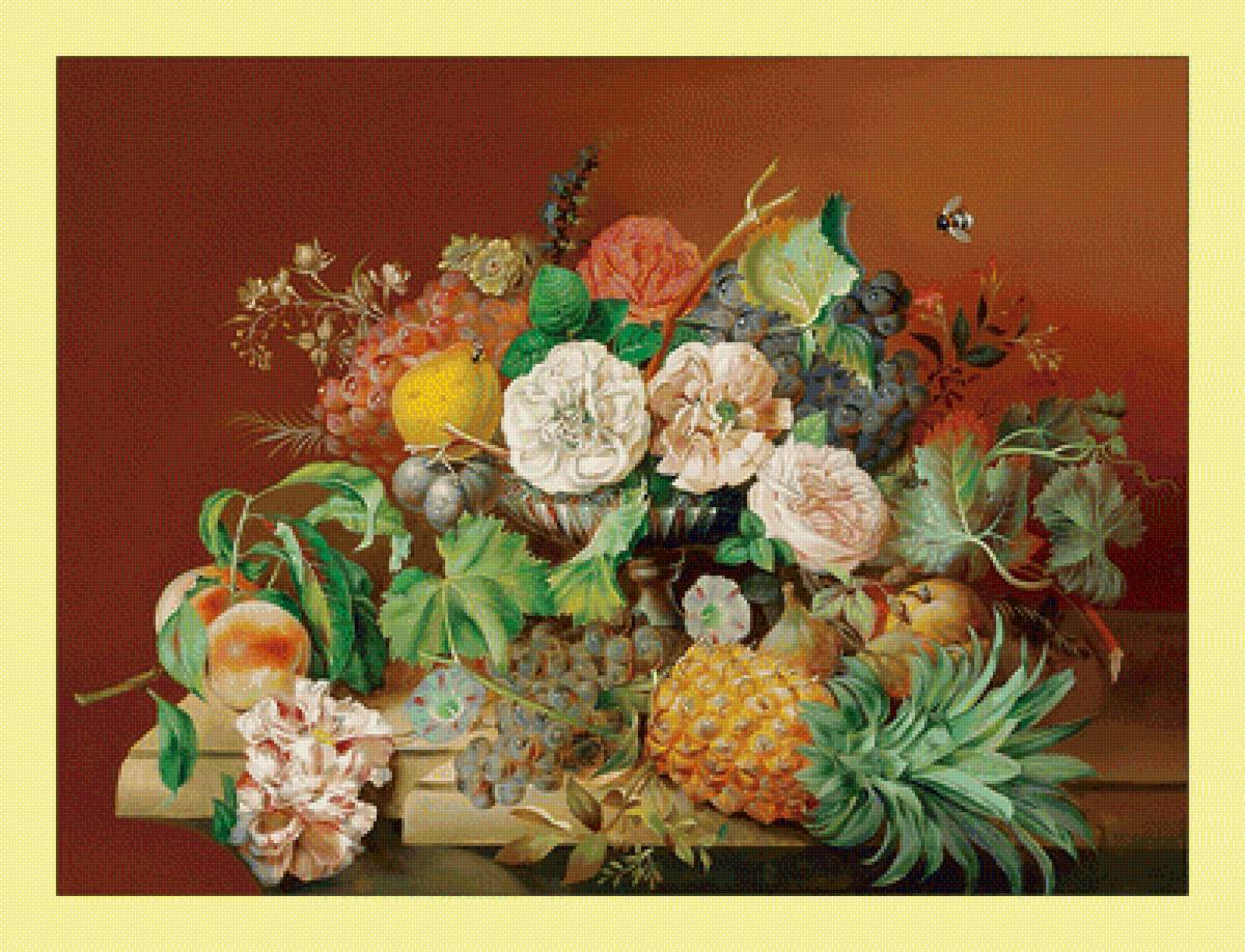 Цветочно-фруктовый натюрморт. - ягоды, натюрморт, пчелы, фрукты, букет, живопись, цветы - предпросмотр