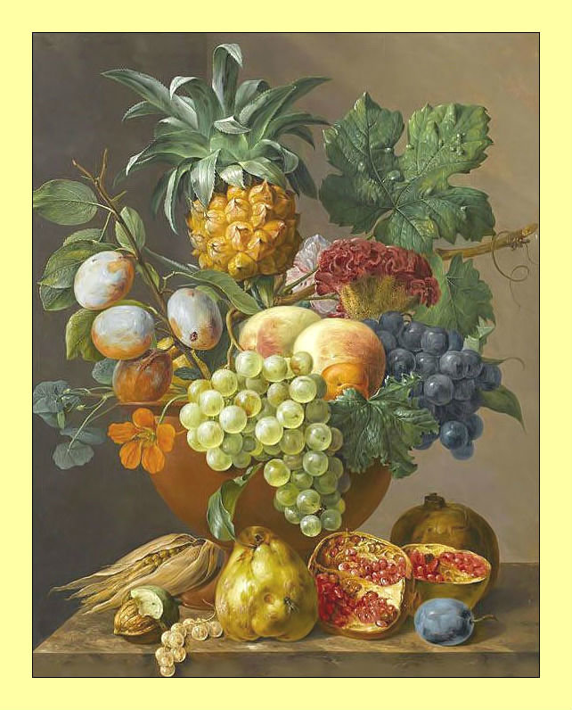 Фруктовый натюрморт. - фрукты, гранат, живопись, виноград, цветы, натюрморт - оригинал